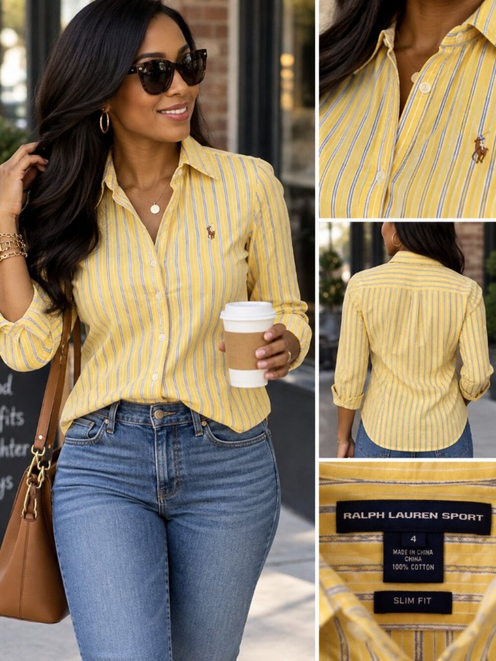 Ralph Lauren Sport Yellow Blue Stripe Slim Fit Button Down Shirt Size 4 Preppy